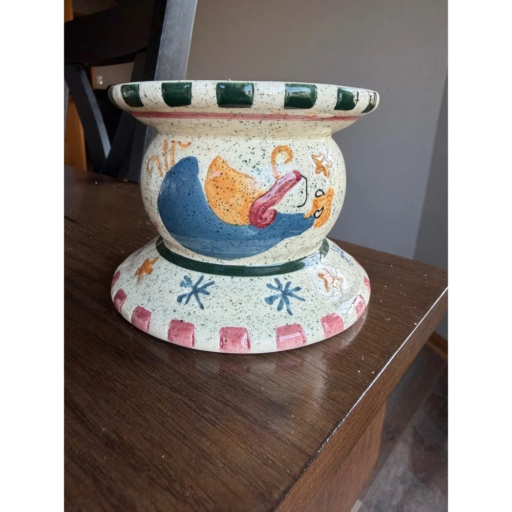 Set of 3 Christmas Ceramic Pillar Candle Holders Snowman Angel Tree Holiday